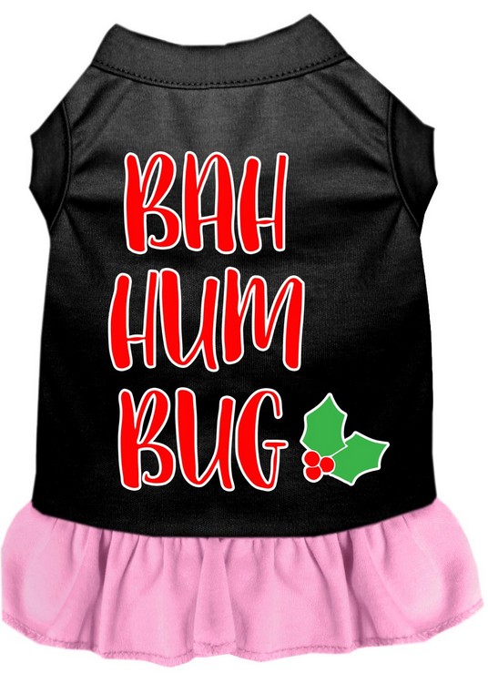 Bah Humbug Screen Print Dog Dress Black with Light Pink Lg